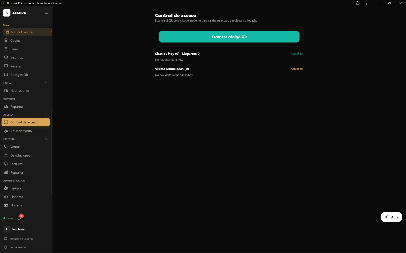 Pantalla de control de acceso del guardia